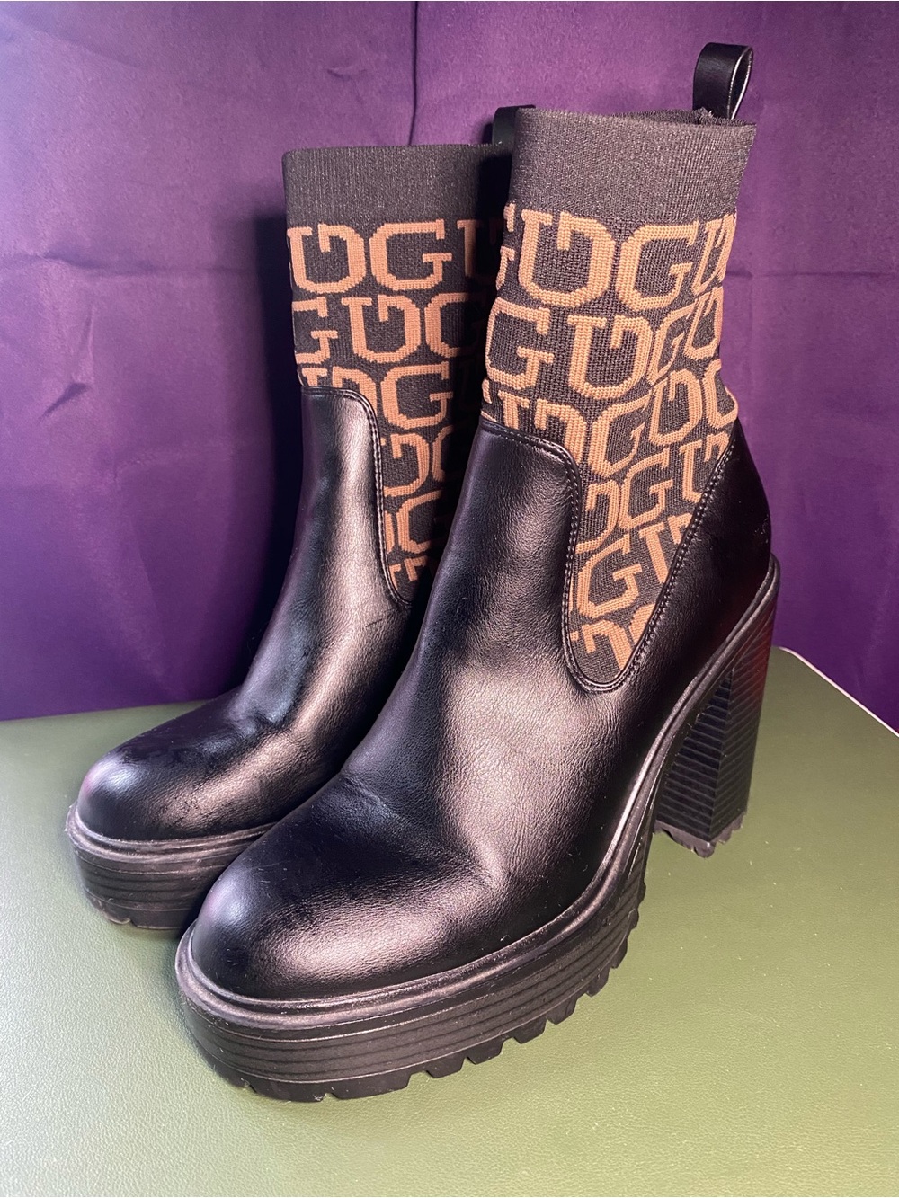 Guess Black Leather Platform Ankle Boots with Brown Logo Sock